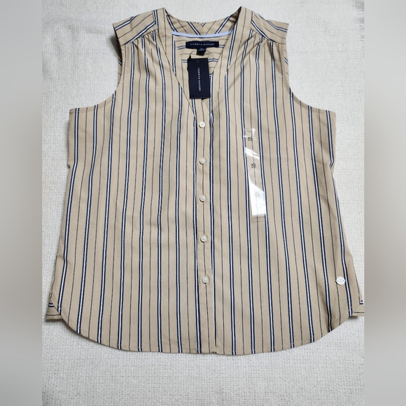 Tommy Hilfiger Tops - Tommy Hilfiger Tan and Blue Striped Sleeveless Shirt